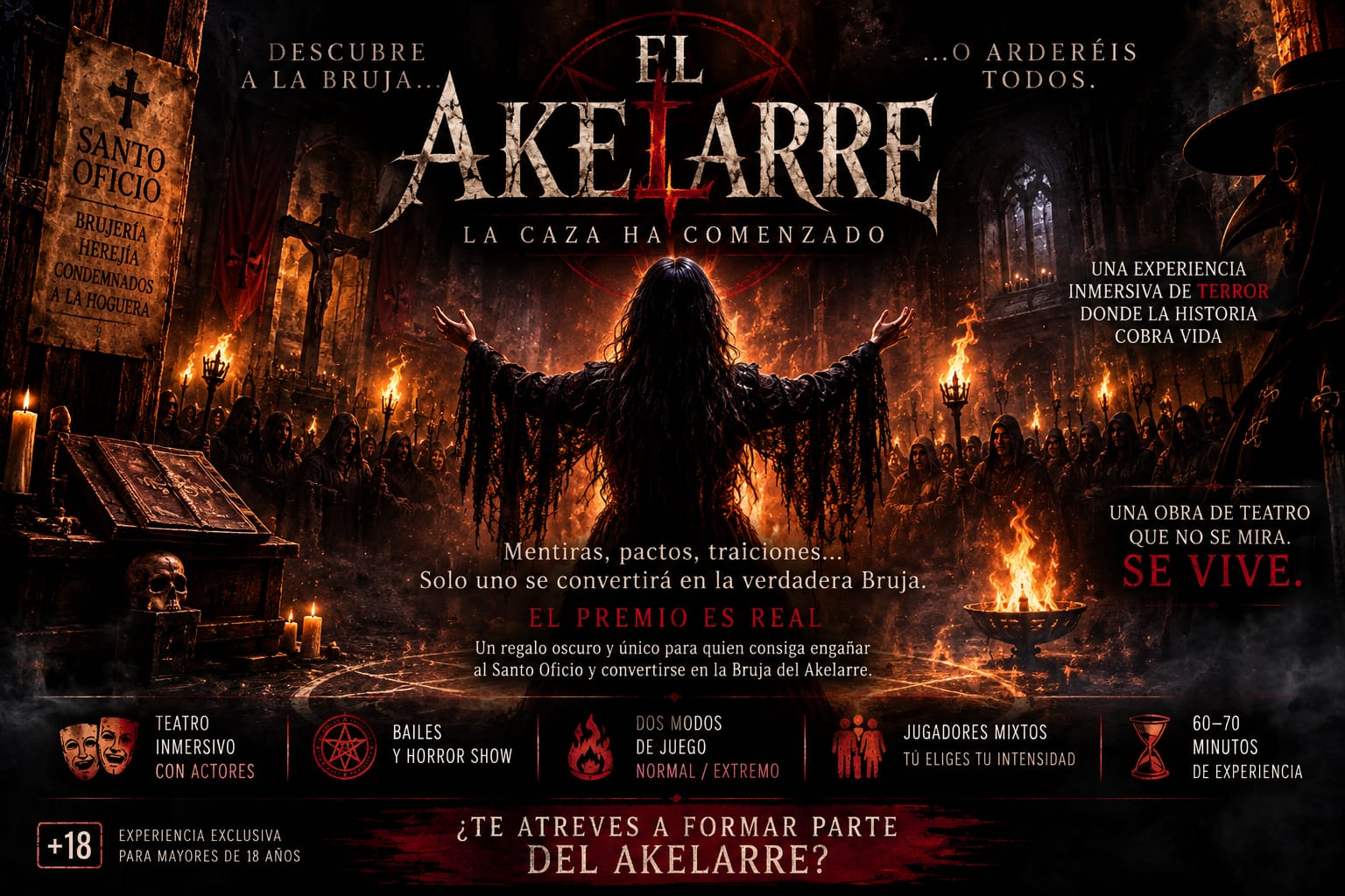 El Akelarre — la caza ha comenzado: congregación encapuchada con antorchas ante la bruja, en el juicio del Santo Oficio