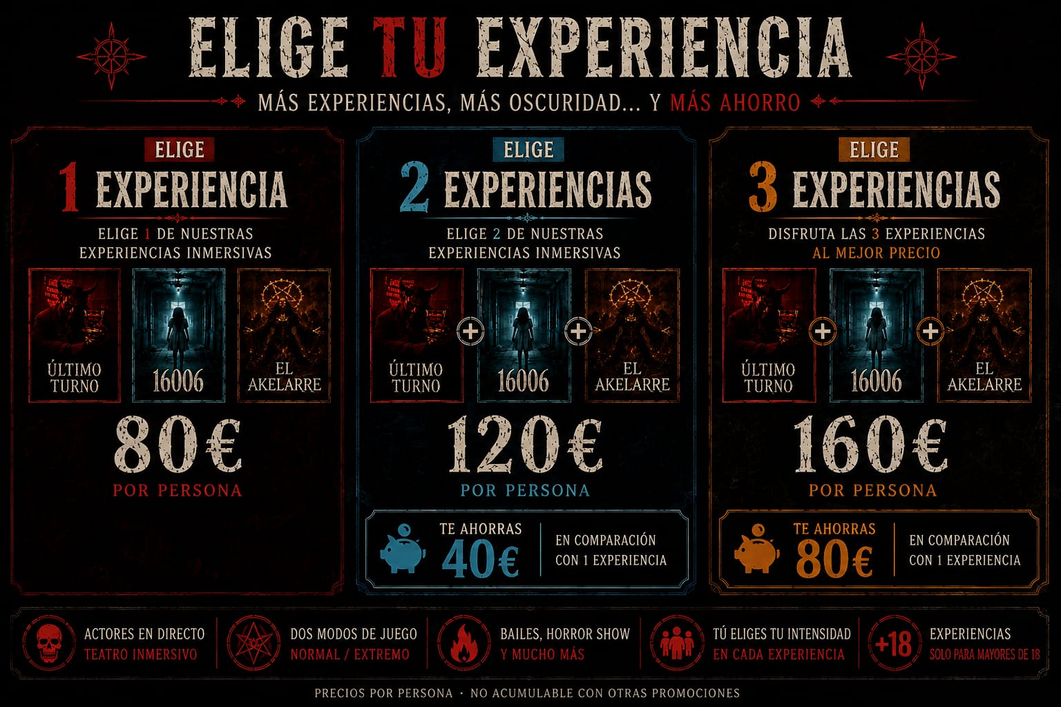 Elige tu experiencia: 1 experiencia 80 € por persona, 2 experiencias 120 € (ahorras 40 €) y 3 experiencias 160 € (ahorras 80 €). Precios por persona, no acumulable con otras promociones.